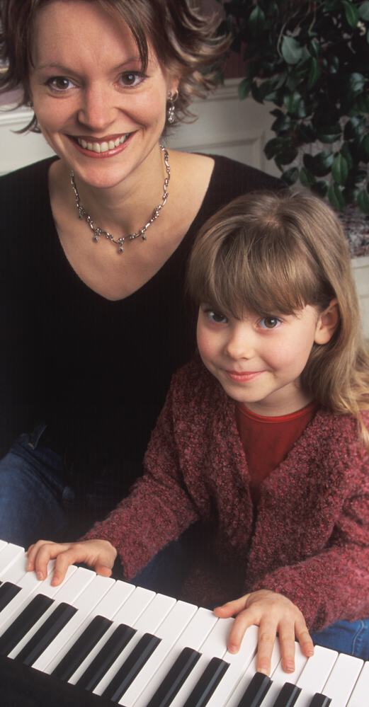 Mom and daughter piano playing